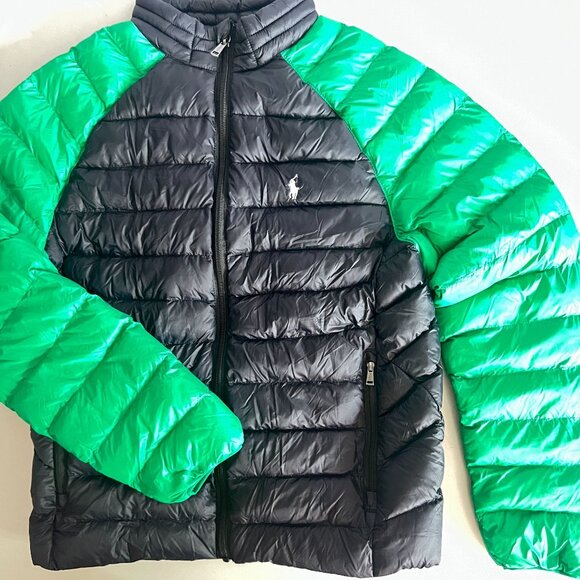 Polo Ralph Lauren Puffer Jacket Kids Boys Girls L/G 14/16  Black & Green Coat - Picture 1 of 8